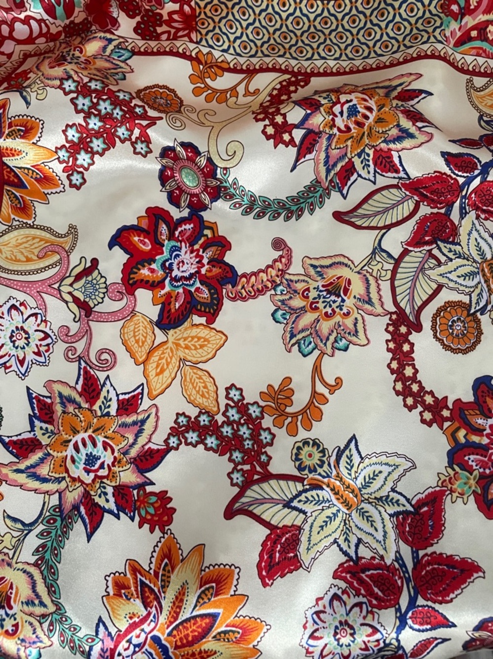 Floral Paisley Satin Scarf in Cream and Orange   20 x 20 New - Picture 2 of 5